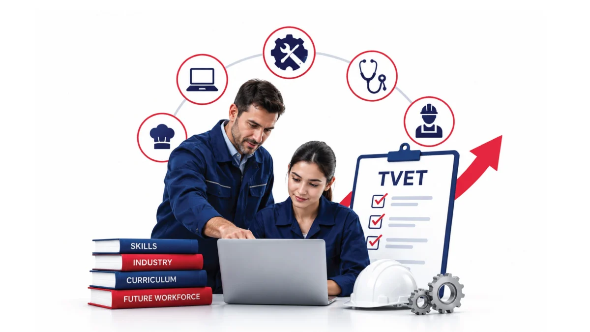 Two professionals in workwear reviewing a laptop with icons for IT, engineering, healthcare, and culinary skills, alongside a TVET checklist representing industry-aligned technical education