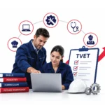 Two professionals in workwear reviewing a laptop with icons for IT, engineering, healthcare, and culinary skills, alongside a TVET checklist representing industry-aligned technical education