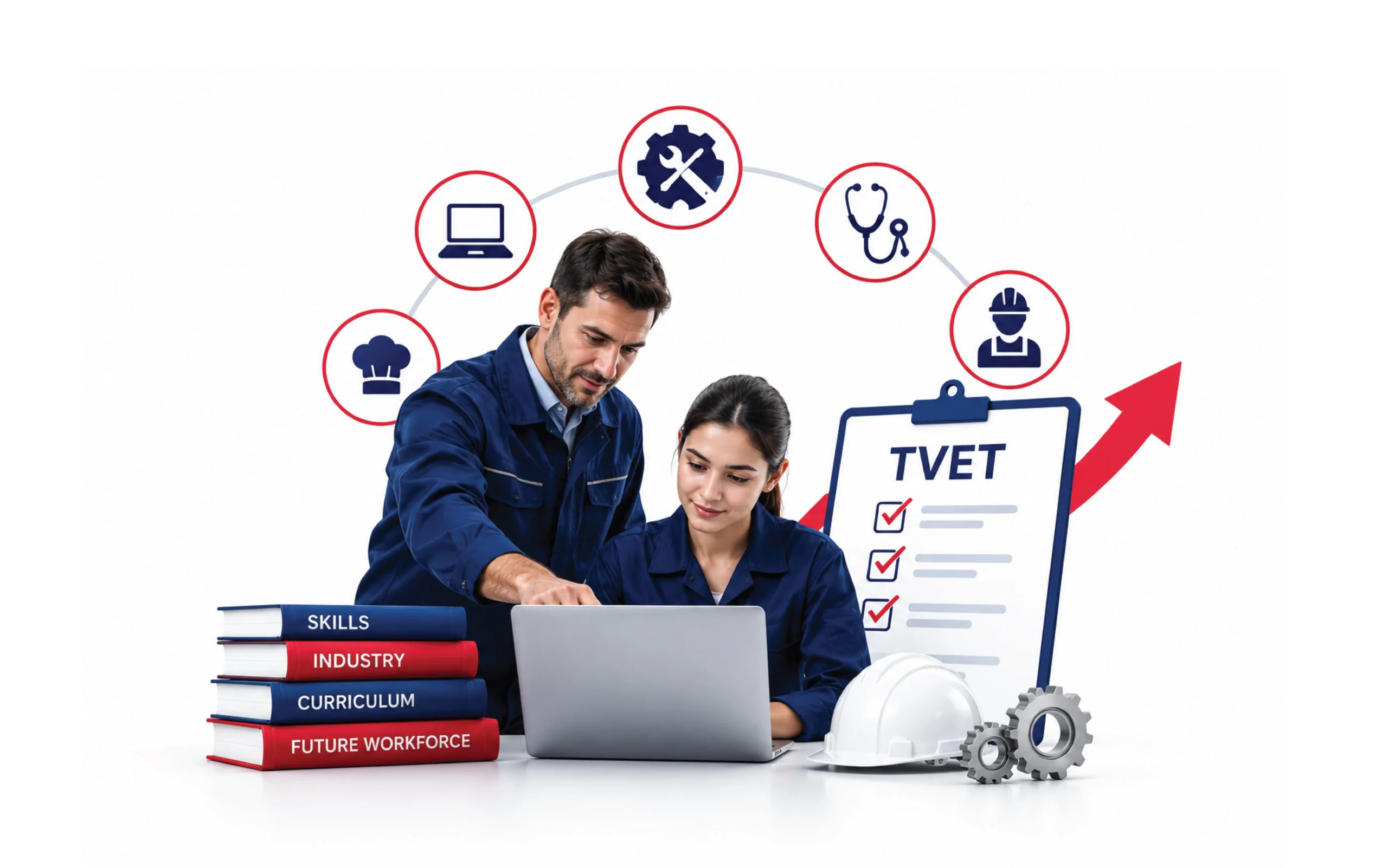 Two professionals in workwear reviewing a laptop with icons for IT, engineering, healthcare, and culinary skills, alongside a TVET checklist representing industry-aligned technical education
