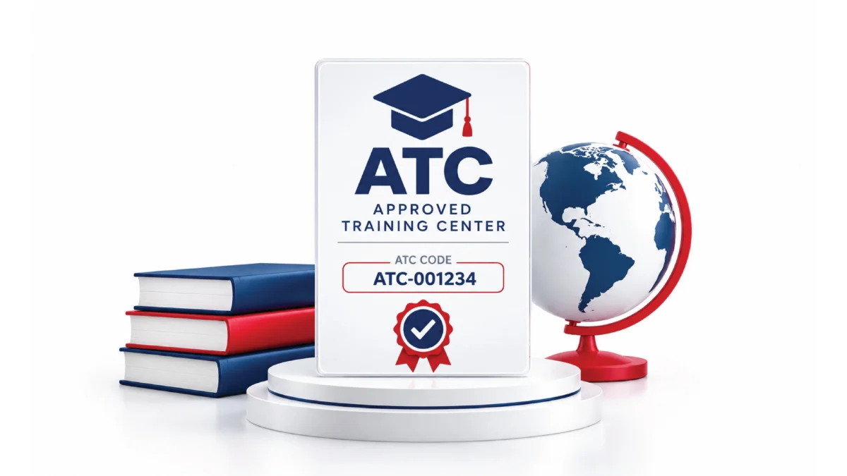 Approved Training Center ATC accreditation certificate with unique ATC code displayed beside books and a globe