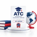 Approved Training Center ATC accreditation certificate with unique ATC code displayed beside books and a globe