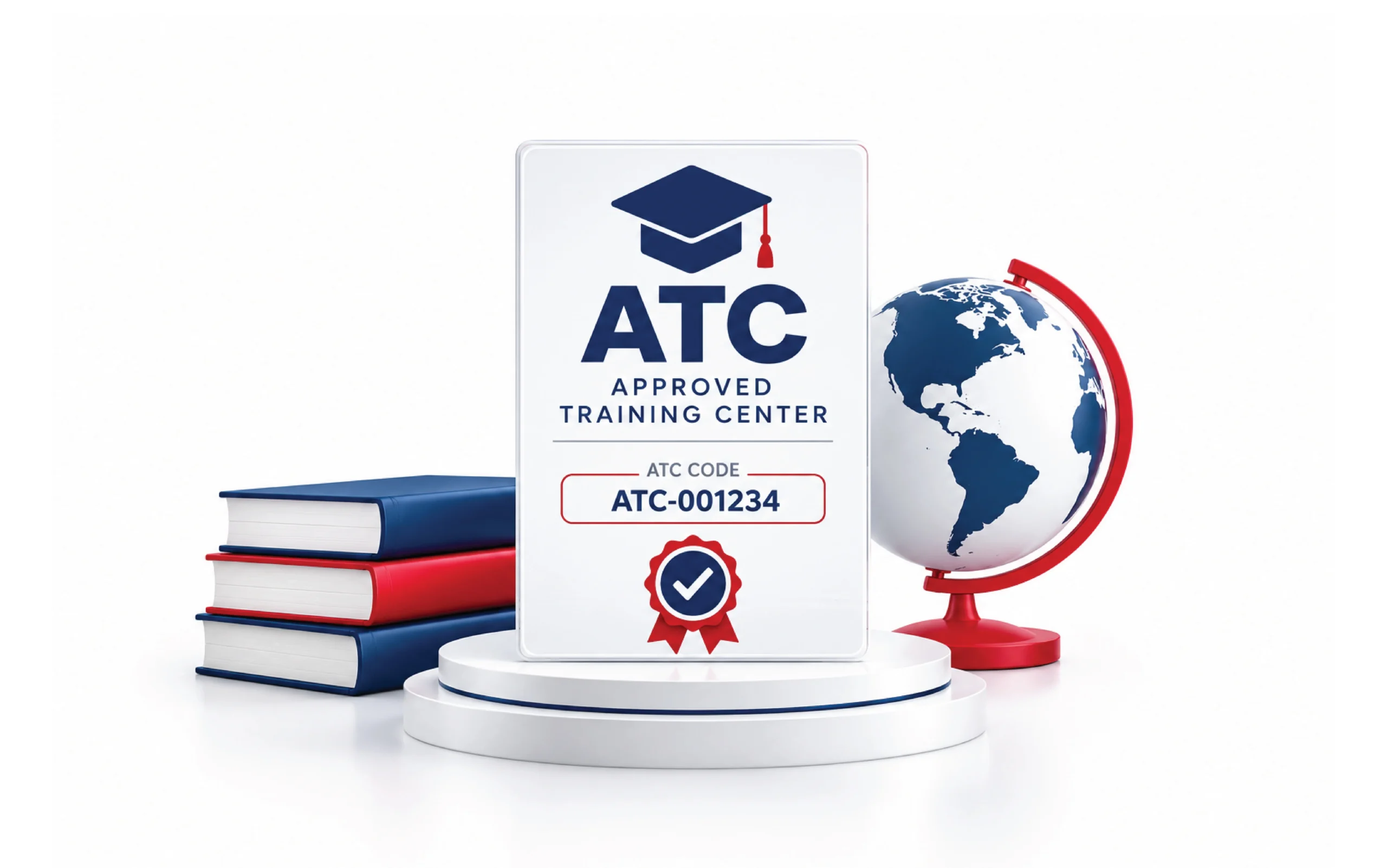 Approved Training Center ATC accreditation certificate with unique ATC code displayed beside books and a globe