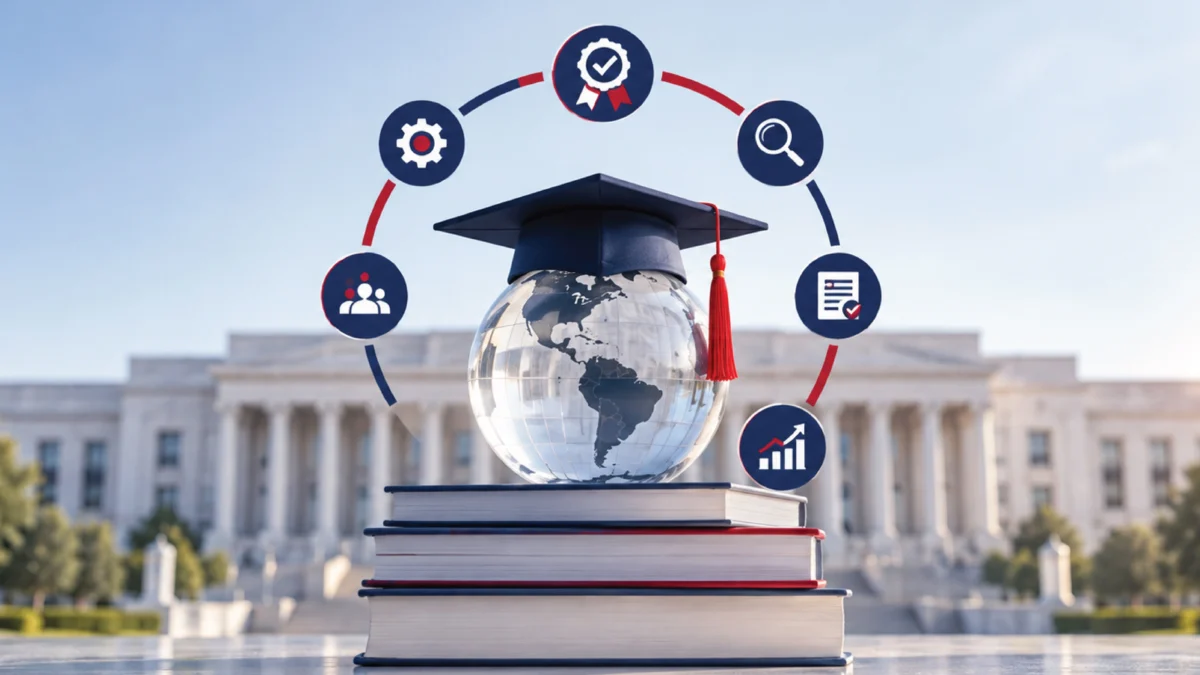 Graduation cap on a glass globe atop stacked books, ringed by quality assurance icons, with a columned institution behind.