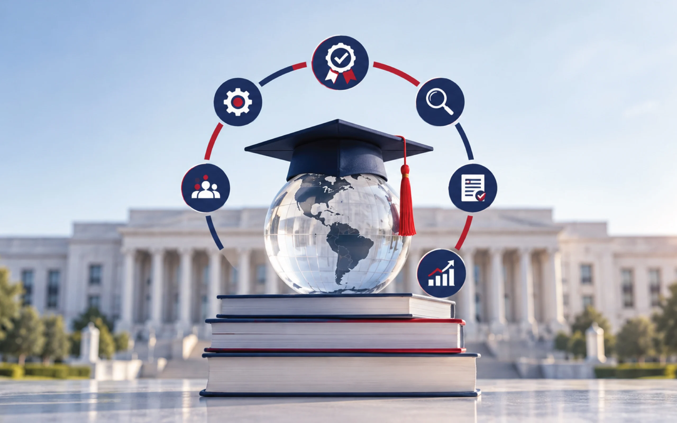 Graduation cap on a glass globe atop stacked books, ringed by quality assurance icons, with a columned institution behind.