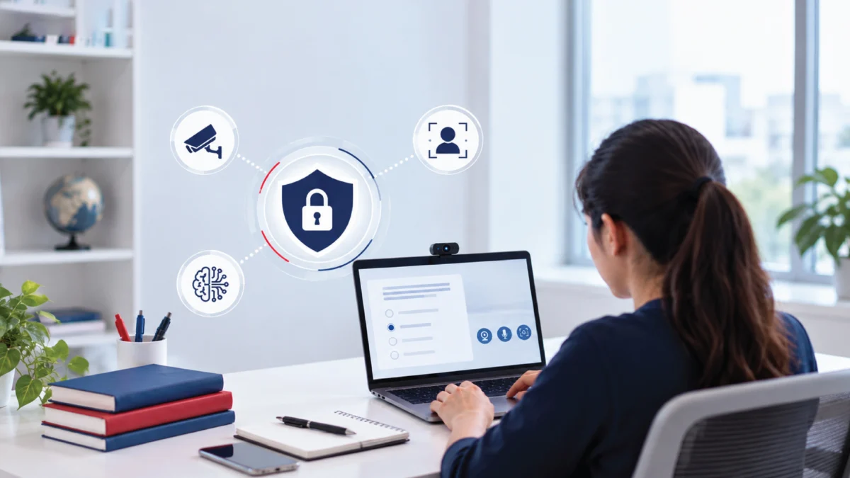 Candidate taking a secure online exam on a laptop with identity verification and monitoring controls shown on screen