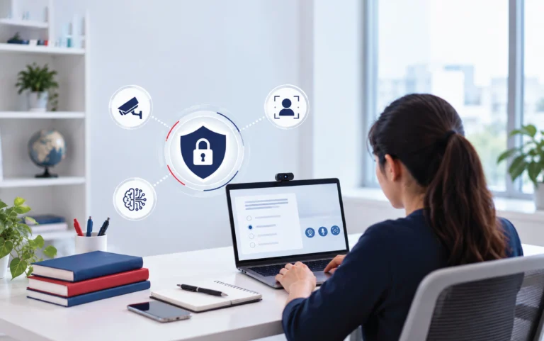 Candidate taking a secure online exam on a laptop with identity verification and monitoring controls shown on screen